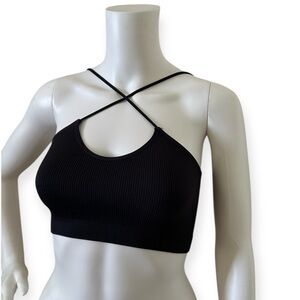 Black Ribbed Cross-Strap Crop Top